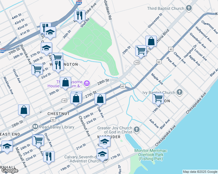 map of restaurants, bars, coffee shops, grocery stores, and more near 2613 Parish Avenue in Newport News