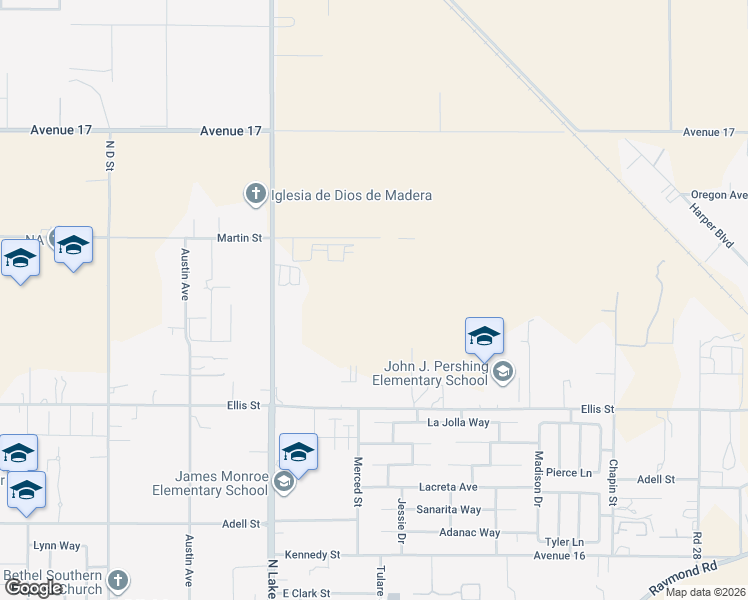 map of restaurants, bars, coffee shops, grocery stores, and more near 16581 North Lake Street in Madera