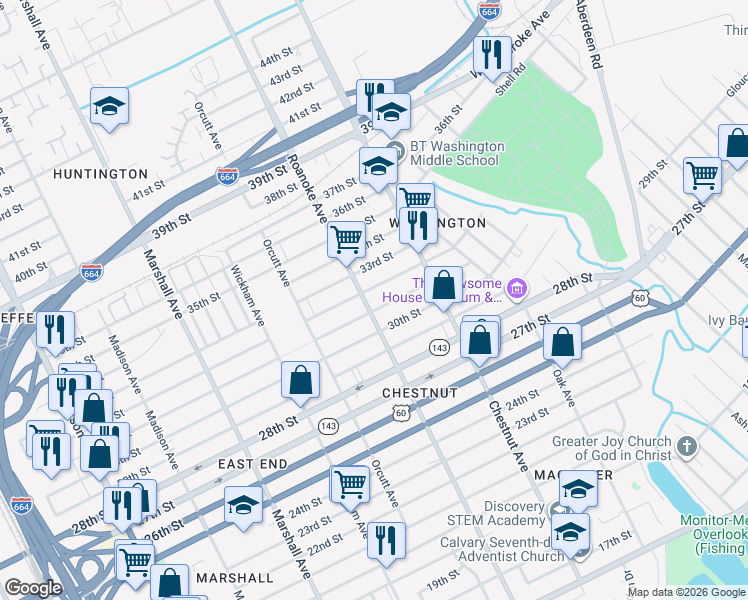 map of restaurants, bars, coffee shops, grocery stores, and more near 3011 Roanoke Avenue in Newport News