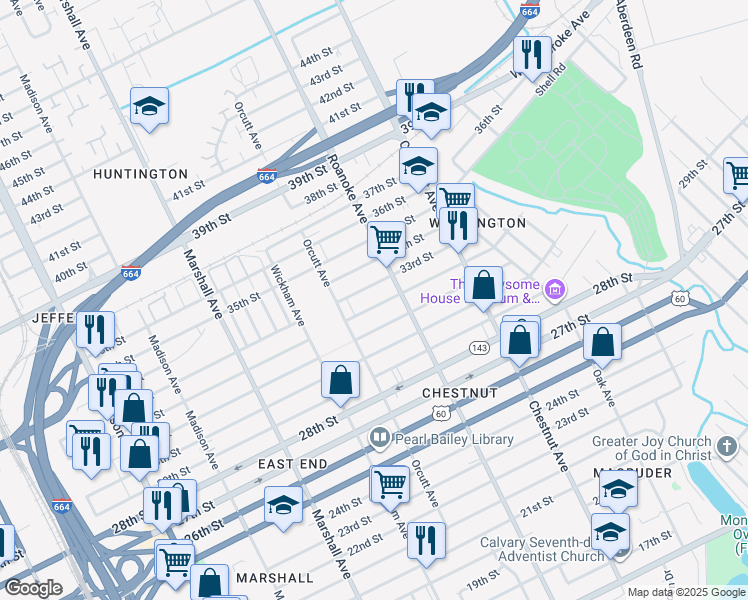 map of restaurants, bars, coffee shops, grocery stores, and more near 1028 32nd Street in Newport News