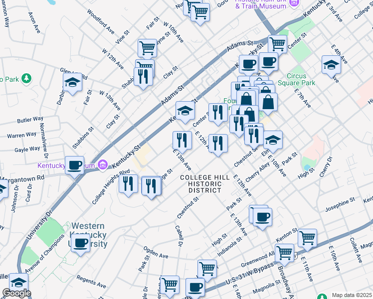 map of restaurants, bars, coffee shops, grocery stores, and more near 1265 College Street in Bowling Green