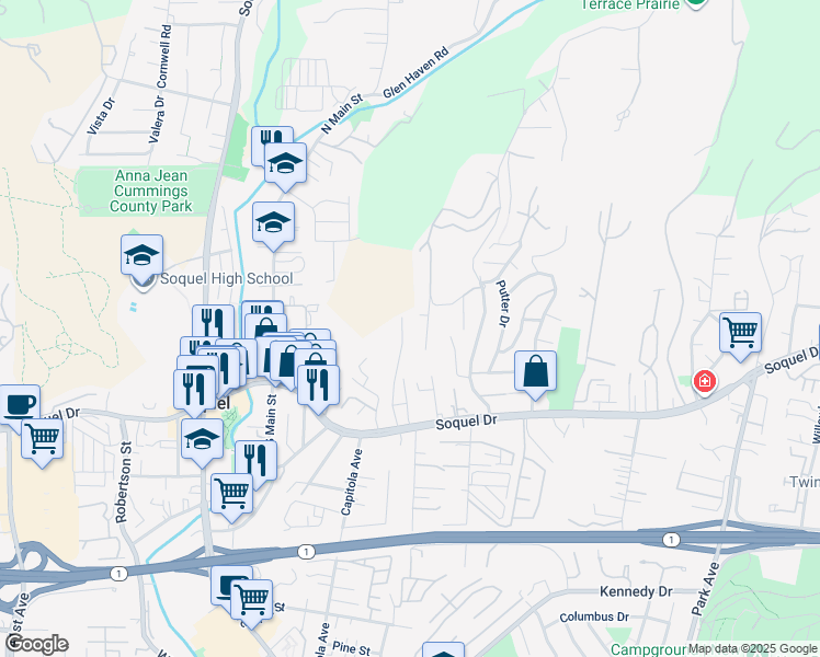 map of restaurants, bars, coffee shops, grocery stores, and more near 3300 Crystal Heights Drive in Soquel