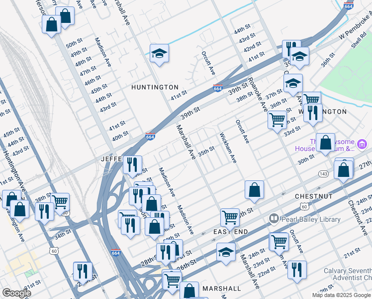 map of restaurants, bars, coffee shops, grocery stores, and more near 36th Street in Newport News