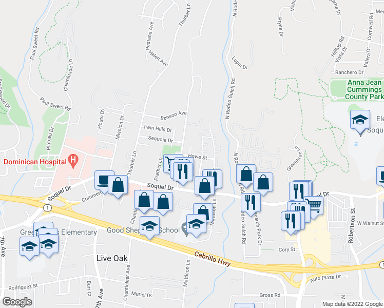 map of restaurants, bars, coffee shops, grocery stores, and more near 2545 Howe Street in Santa Cruz