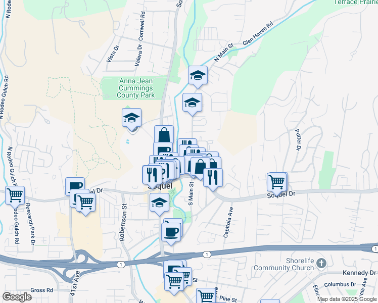 map of restaurants, bars, coffee shops, grocery stores, and more near 3201 North Main Street in Soquel