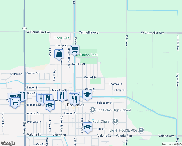 map of restaurants, bars, coffee shops, grocery stores, and more near 1125 Wilson Avenue in Dos Palos