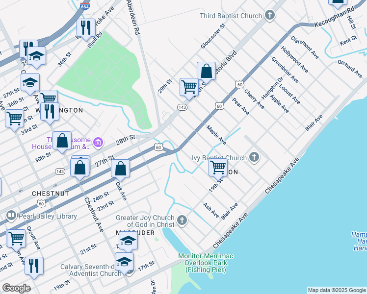 map of restaurants, bars, coffee shops, grocery stores, and more near 246 Buxton Avenue in Newport News