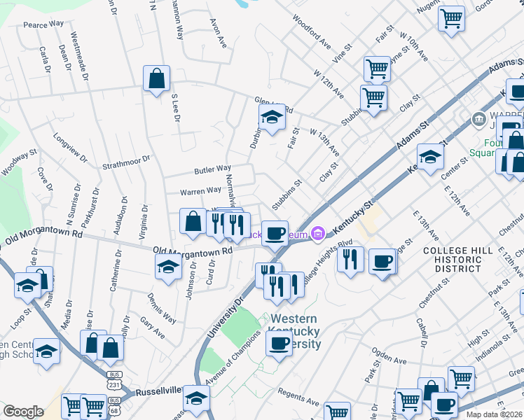 map of restaurants, bars, coffee shops, grocery stores, and more near 206 Cherry Way in Bowling Green