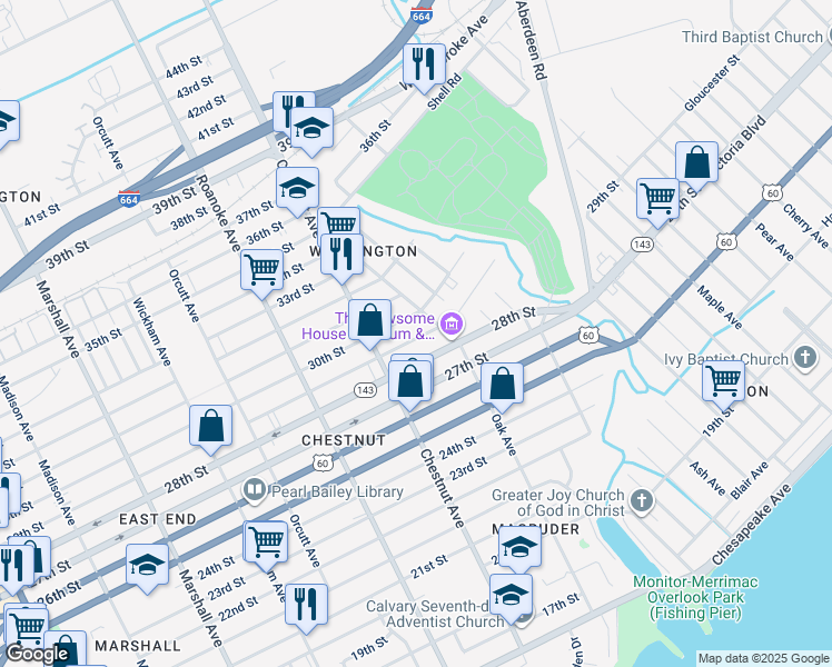 map of restaurants, bars, coffee shops, grocery stores, and more near 1237 29th Street in Newport News