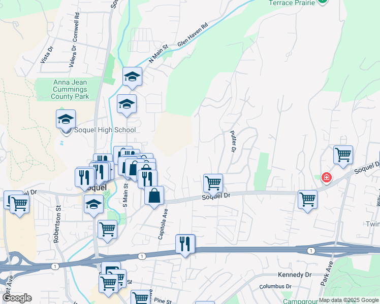 map of restaurants, bars, coffee shops, grocery stores, and more near 3300 Crystal Heights Drive in Soquel