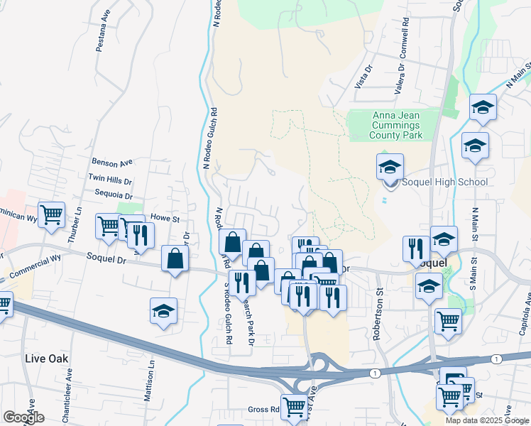 map of restaurants, bars, coffee shops, grocery stores, and more near 100 North Rodeo Gulch Road in Soquel