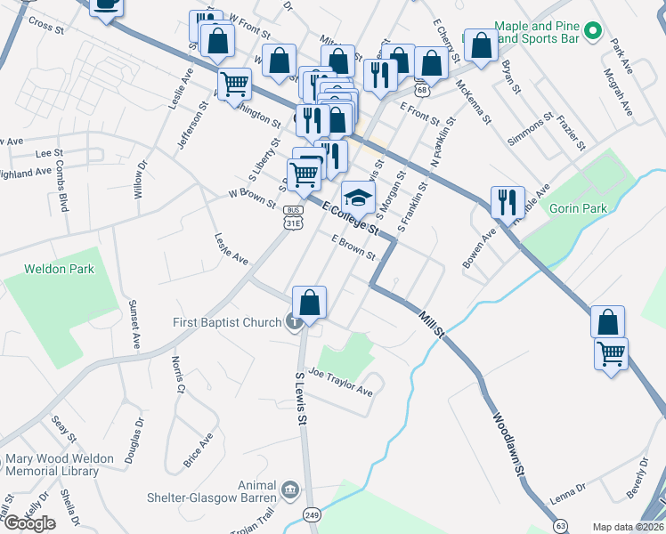 map of restaurants, bars, coffee shops, grocery stores, and more near 500-598 S Lewis St in Glasgow