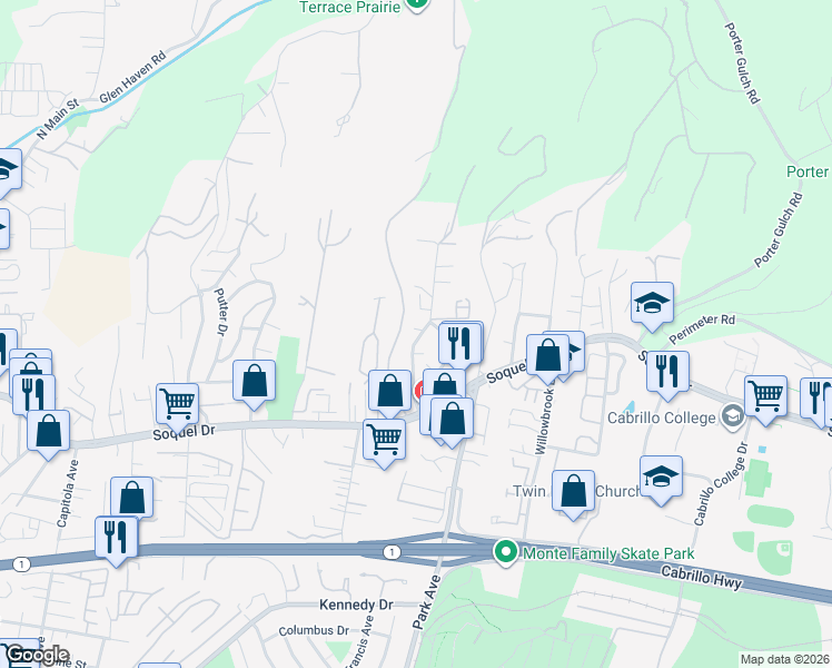 map of restaurants, bars, coffee shops, grocery stores, and more near 3233 Maplethorpe Lane in Soquel