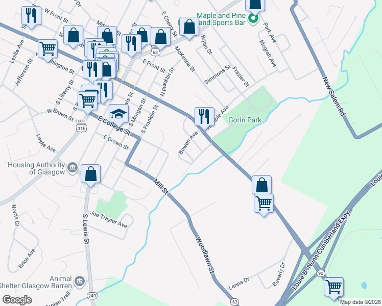 map of restaurants, bars, coffee shops, grocery stores, and more near 301-899 Bowen Ave in Glasgow