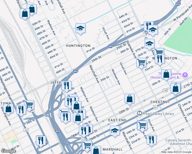 map of restaurants, bars, coffee shops, grocery stores, and more near 3601 Marshall Avenue in Newport News