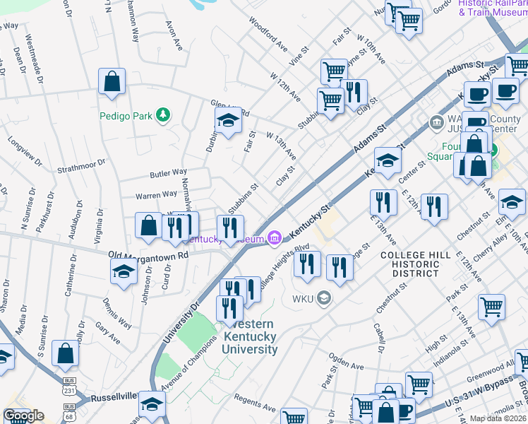 map of restaurants, bars, coffee shops, grocery stores, and more near 1420-1430 Adams Street in Bowling Green