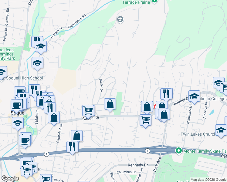 map of restaurants, bars, coffee shops, grocery stores, and more near 3350 Hardin Way in Soquel
