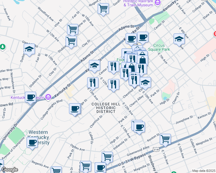 map of restaurants, bars, coffee shops, grocery stores, and more near 401 East 12th Avenue in Bowling Green
