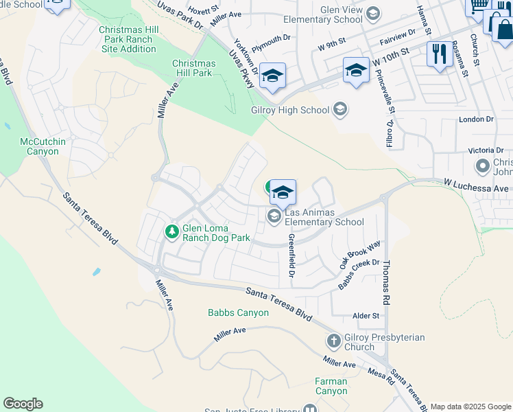 map of restaurants, bars, coffee shops, grocery stores, and more near Charles Lux Drive in Gilroy