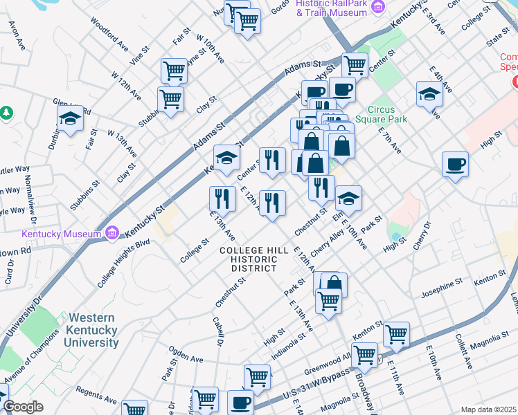 map of restaurants, bars, coffee shops, grocery stores, and more near East 12th Avenue in Bowling Green