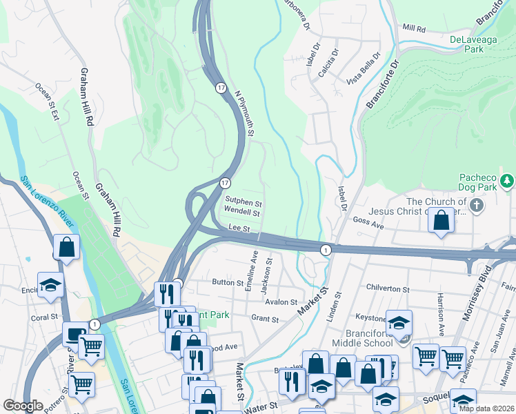 map of restaurants, bars, coffee shops, grocery stores, and more near 152 Sutphen Street in Santa Cruz