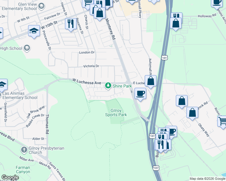 map of restaurants, bars, coffee shops, grocery stores, and more near 6111 Hyde Park Drive in Gilroy
