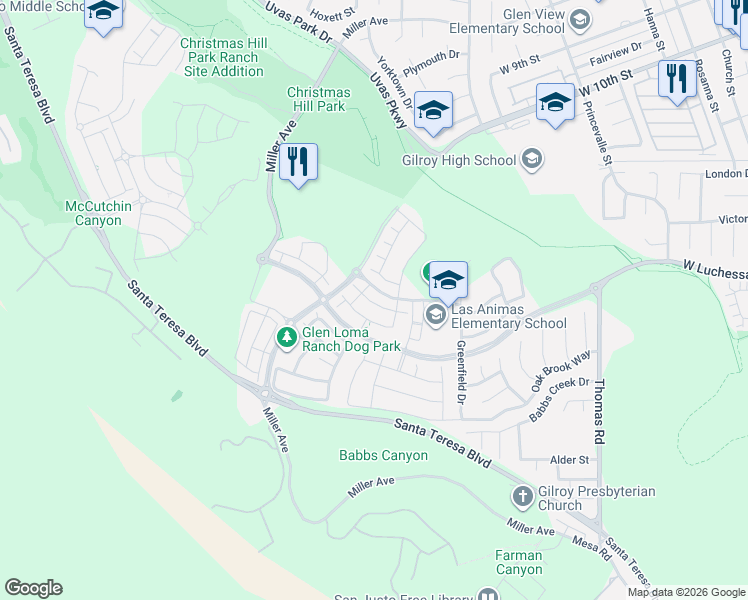 map of restaurants, bars, coffee shops, grocery stores, and more near 1101 Bonino way in Gilroy
