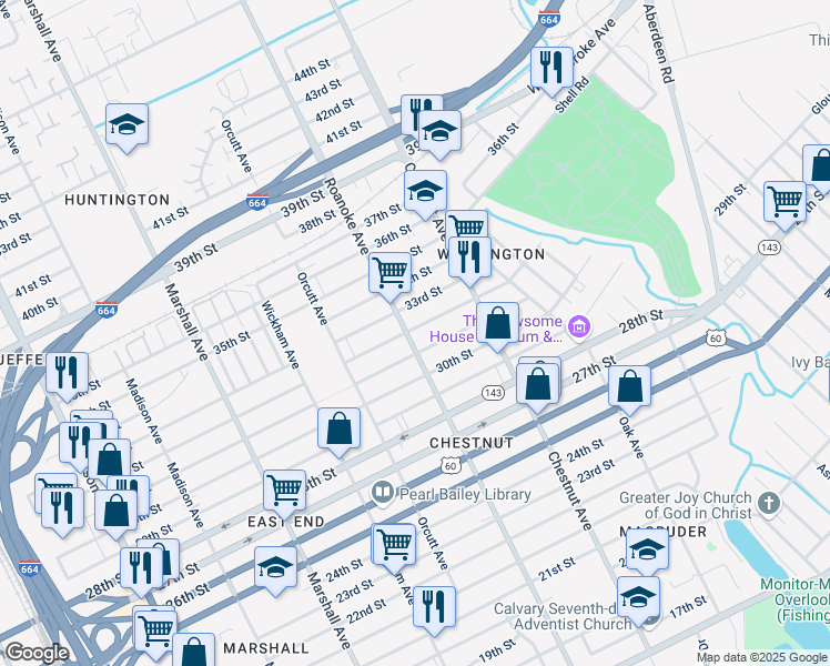 map of restaurants, bars, coffee shops, grocery stores, and more near 3011 Roanoke Avenue in Newport News