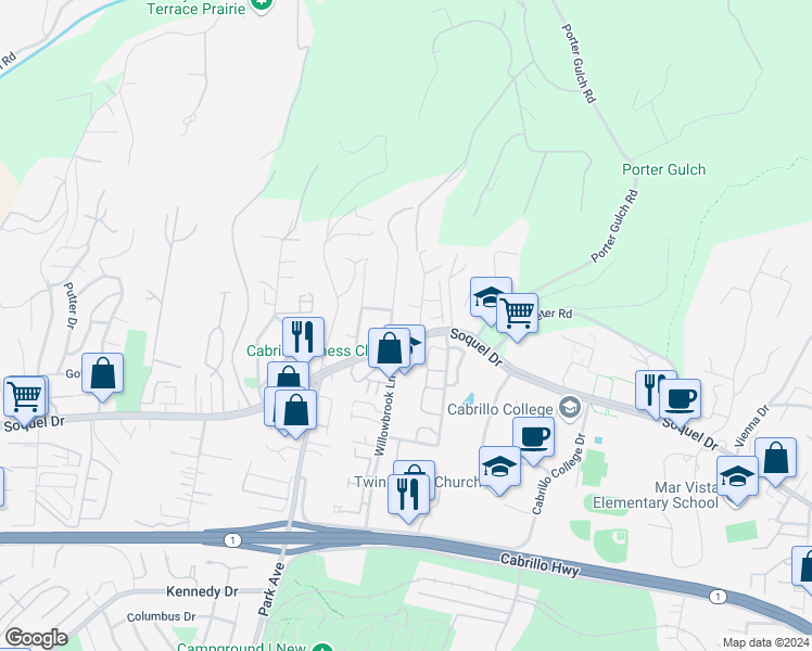 map of restaurants, bars, coffee shops, grocery stores, and more near 3013 Corte Cabrillo in Aptos