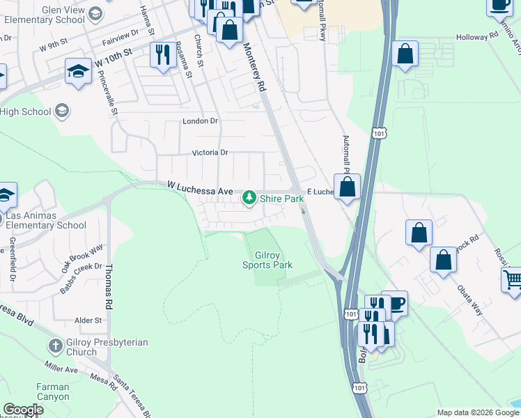 map of restaurants, bars, coffee shops, grocery stores, and more near 6111 Hyde Park Drive in Gilroy