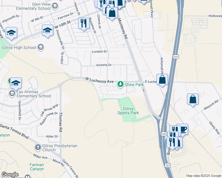map of restaurants, bars, coffee shops, grocery stores, and more near 74 Caspian Way in Gilroy