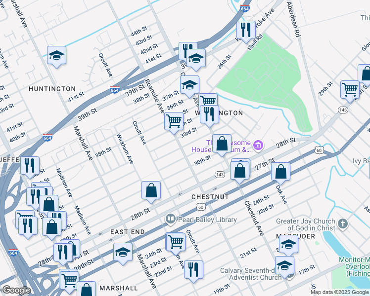 map of restaurants, bars, coffee shops, grocery stores, and more near 3011 Roanoke Avenue in Newport News