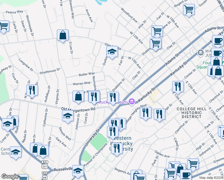 map of restaurants, bars, coffee shops, grocery stores, and more near 1601-1607 Madison Street in Bowling Green
