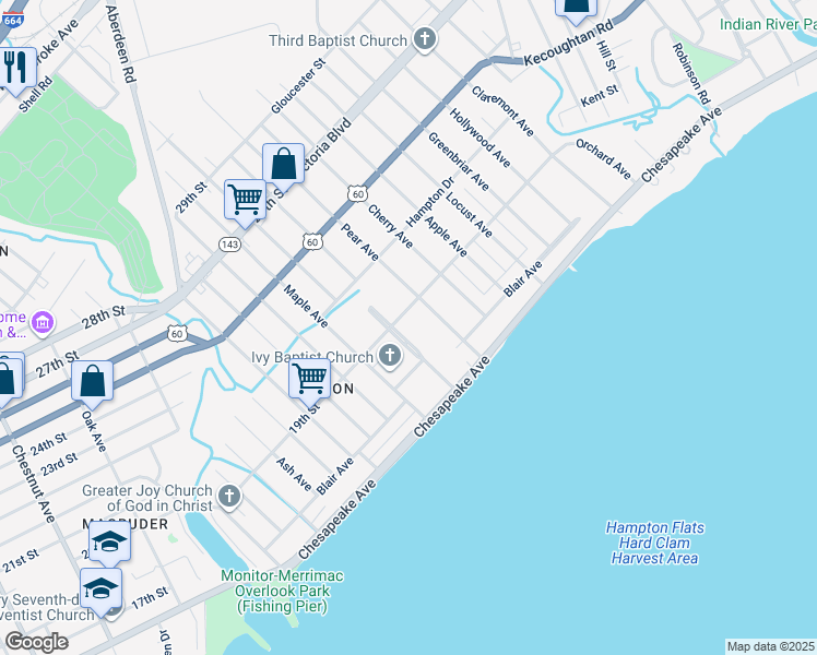 map of restaurants, bars, coffee shops, grocery stores, and more near 64 Park Avenue in Newport News
