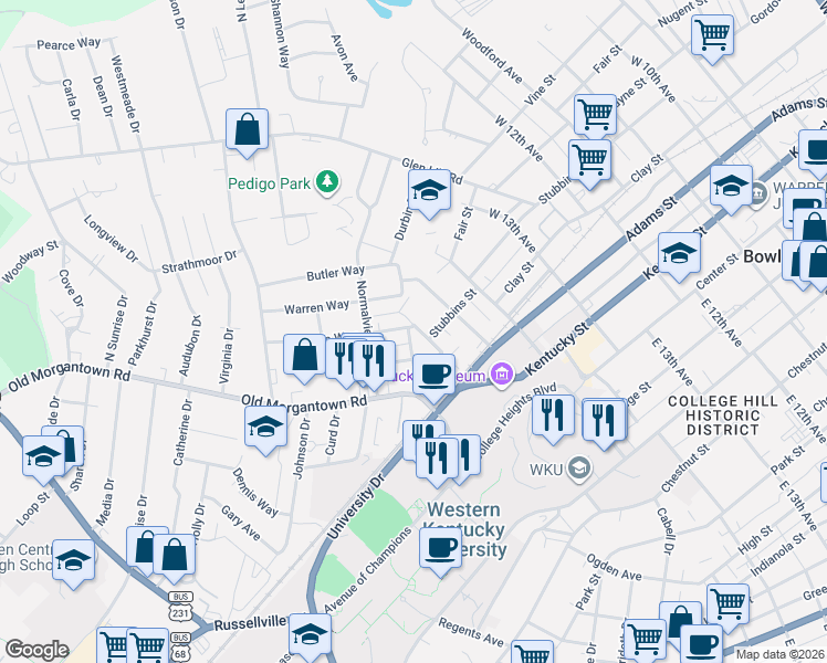 map of restaurants, bars, coffee shops, grocery stores, and more near 206 Plain Avenue in Bowling Green