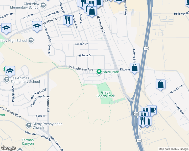 map of restaurants, bars, coffee shops, grocery stores, and more near 130 Lusitano Way in Gilroy