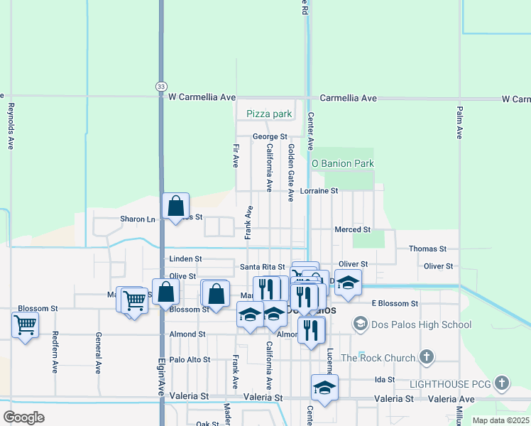 map of restaurants, bars, coffee shops, grocery stores, and more near 1110 California Avenue in Dos Palos