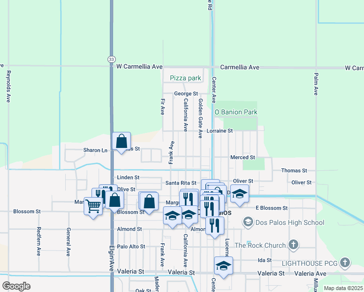 map of restaurants, bars, coffee shops, grocery stores, and more near 1110 California Avenue in Dos Palos