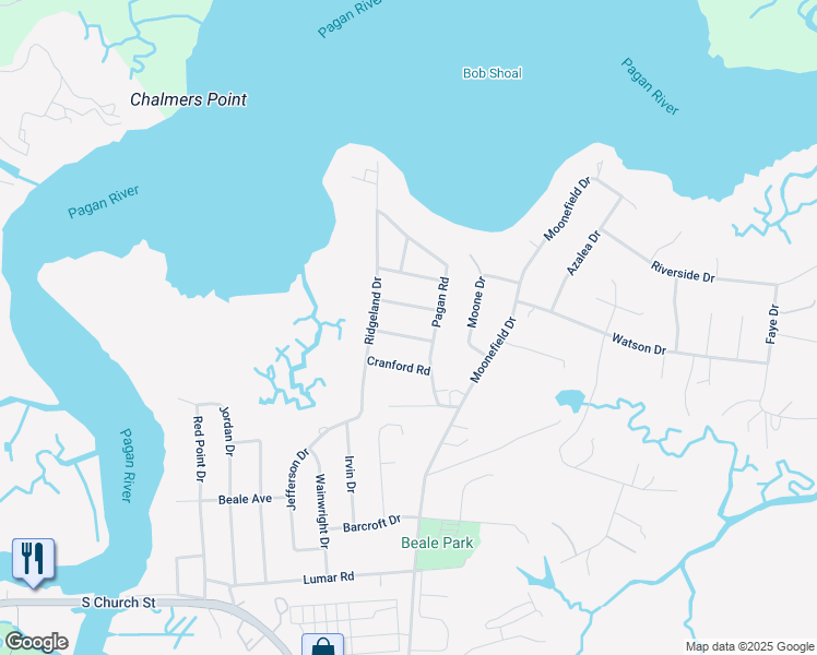 map of restaurants, bars, coffee shops, grocery stores, and more near 504 Williamsburg Avenue in Smithfield
