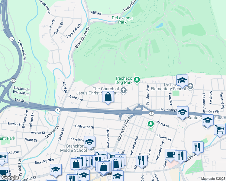 map of restaurants, bars, coffee shops, grocery stores, and more near 230 Delaveaga Park Drive in Santa Cruz