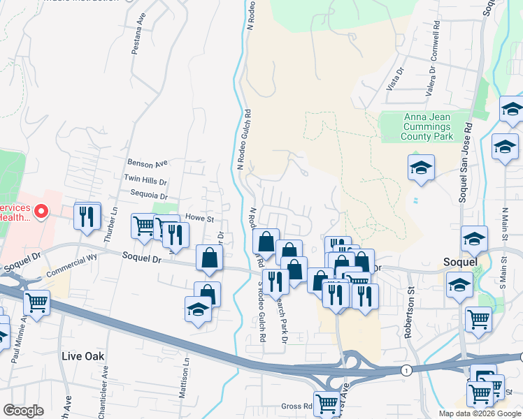 map of restaurants, bars, coffee shops, grocery stores, and more near 260 North Rodeo Gulch Road in Soquel
