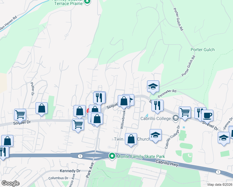 map of restaurants, bars, coffee shops, grocery stores, and more near 3066 McGlenn Drive in Aptos