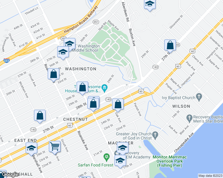 map of restaurants, bars, coffee shops, grocery stores, and more near 1325 28th Street in Newport News