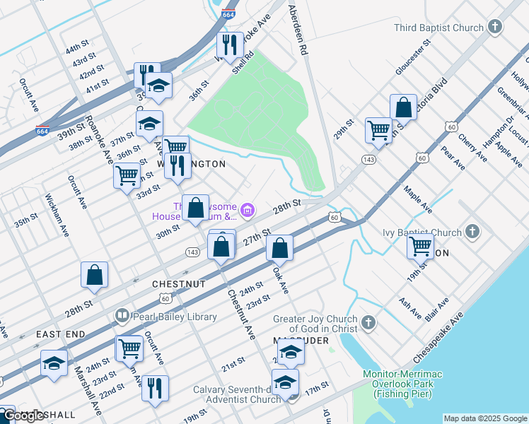 map of restaurants, bars, coffee shops, grocery stores, and more near 1325 28th Street in Newport News