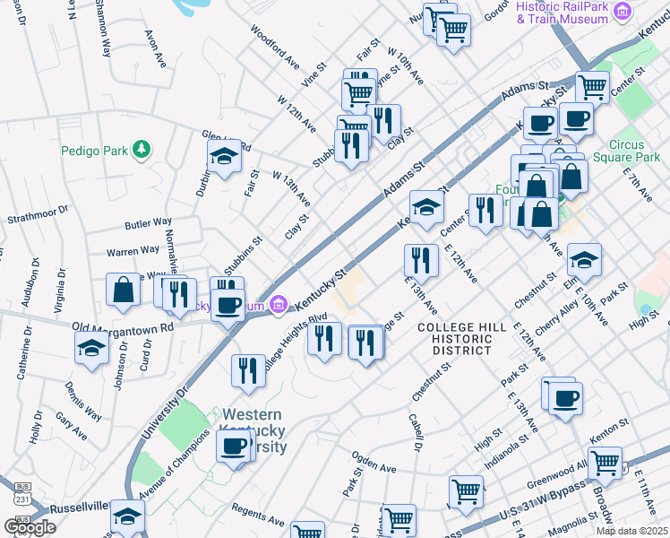 map of restaurants, bars, coffee shops, grocery stores, and more near 1328 Adams Street in Bowling Green