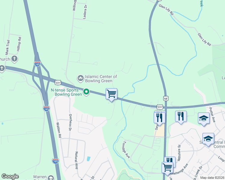 map of restaurants, bars, coffee shops, grocery stores, and more near 301 Walnut Creek Drive in Bowling Green