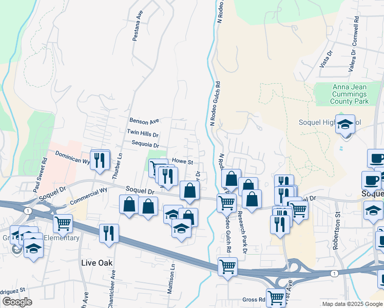 map of restaurants, bars, coffee shops, grocery stores, and more near 2607 Hensley Lane in Santa Cruz
