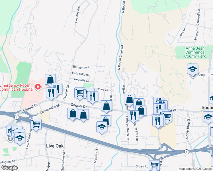 map of restaurants, bars, coffee shops, grocery stores, and more near 2603 Hensley Lane in Santa Cruz