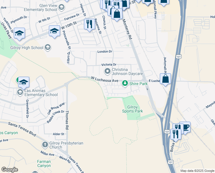 map of restaurants, bars, coffee shops, grocery stores, and more near 150 Palomino Place in Gilroy