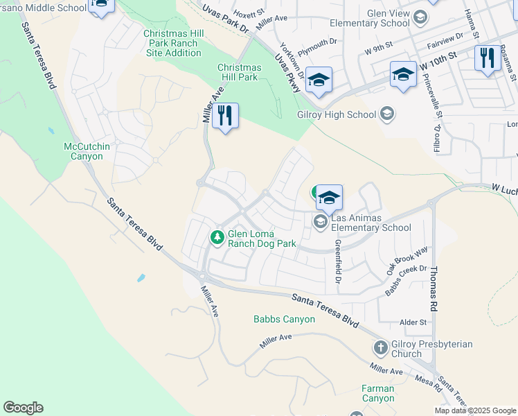 map of restaurants, bars, coffee shops, grocery stores, and more near 6545 Sanchez Place in Gilroy